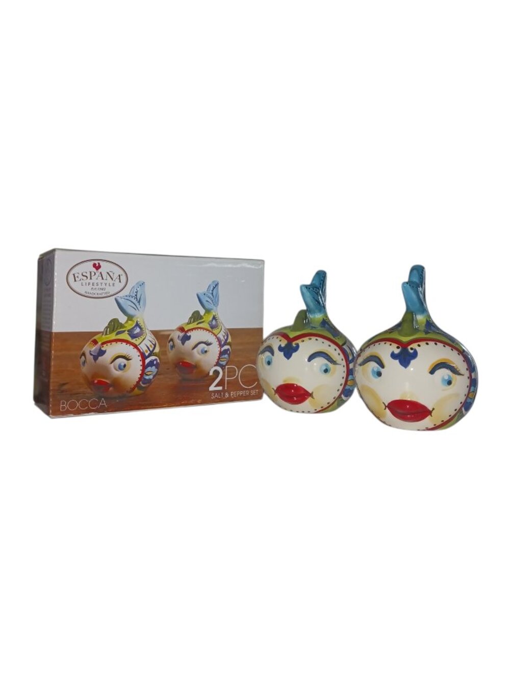 España Lifestyle Bocca Fish Face Ceramic Salt & Pepper Shakers Set w/ Box